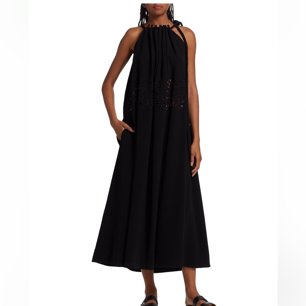 Proenza Schouler black eyelet embroidered at waist dress. Halter, neck tie